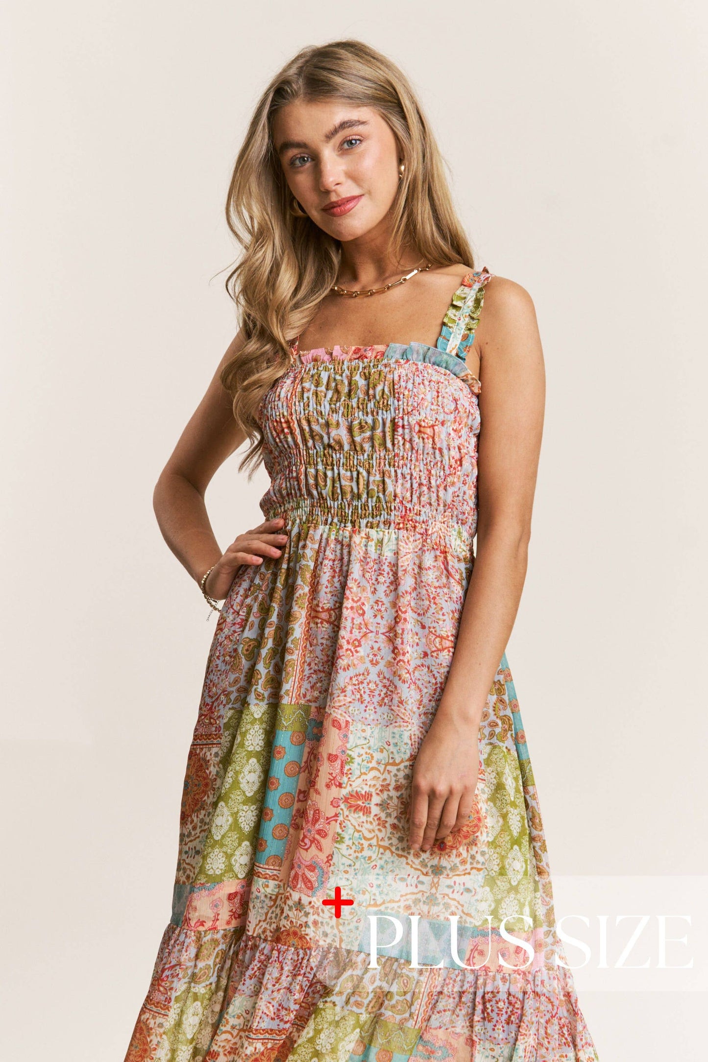 Smocked Top PatchWork Maxi Dress 1X-3X