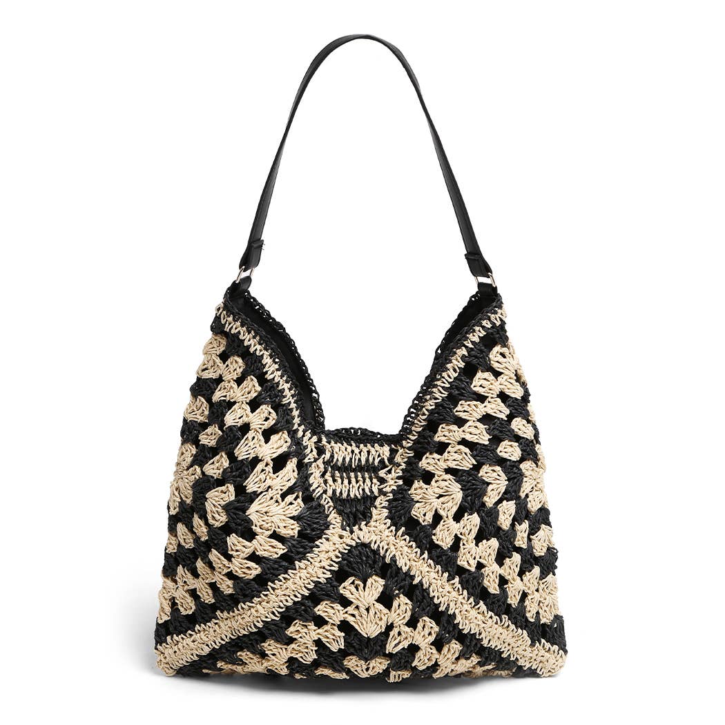 Two-Toned Pattern Design Straw Shoulder Bag