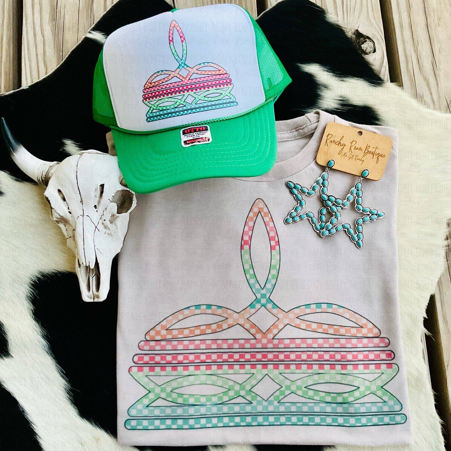 Checkered Boot Stitch Western Foam Trucker Hat