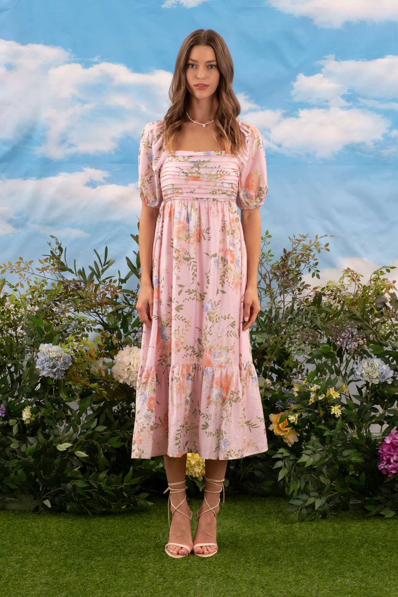 FLORAL BALLOON SLEEVE MIDI DRESS(Multi colors)