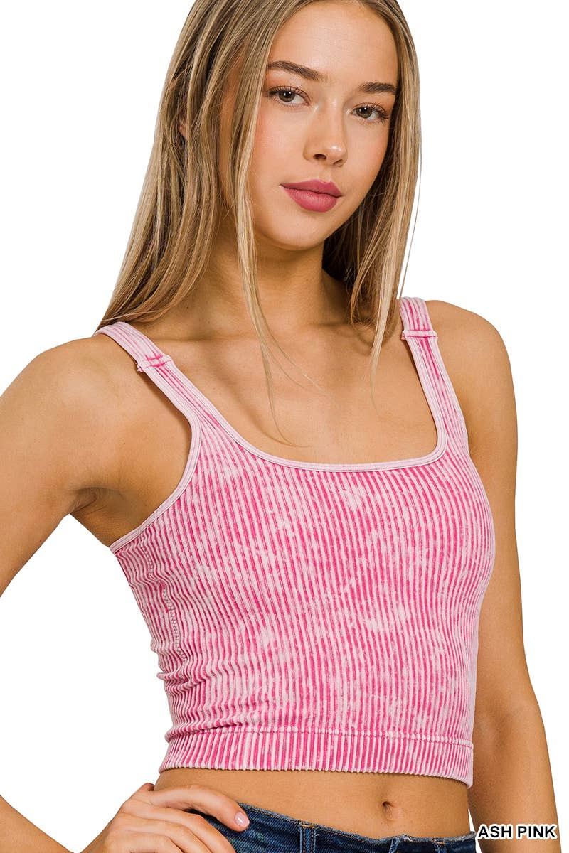 Washed Ribbed Square Neck Bra Padded Tank Top
