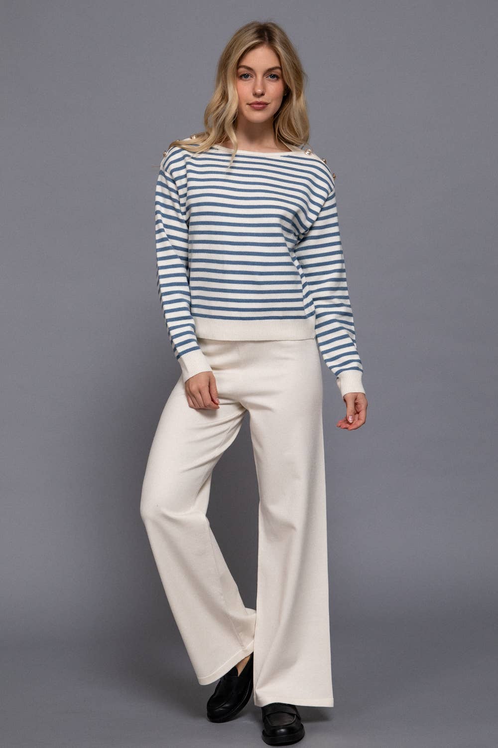 Long Sleeve Buttoned Shoulder Stripe Sweater