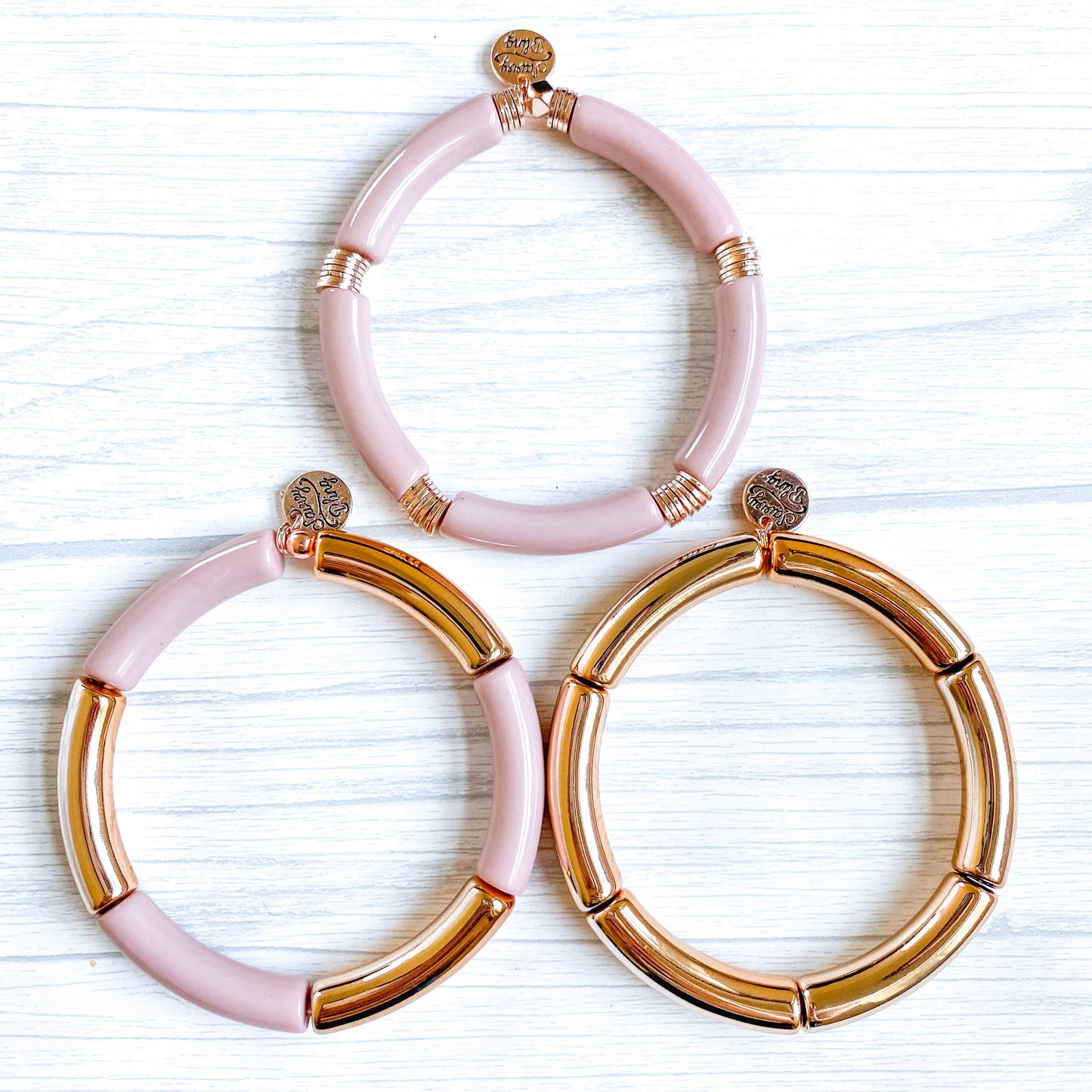 Blush & Rose Gold Acrylic Tube Bamboo Bracelet