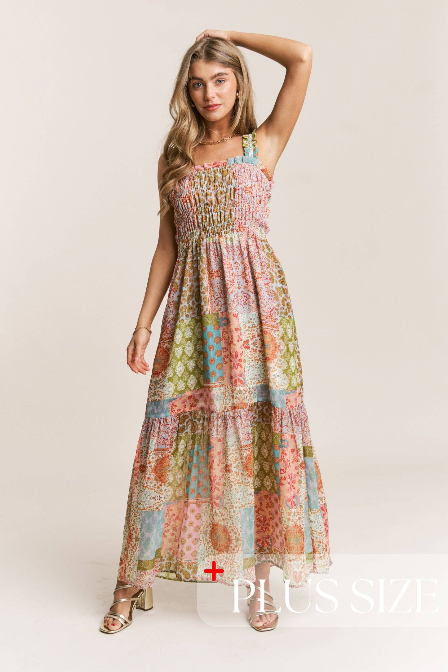 Smocked Top PatchWork Maxi Dress 1X-3X