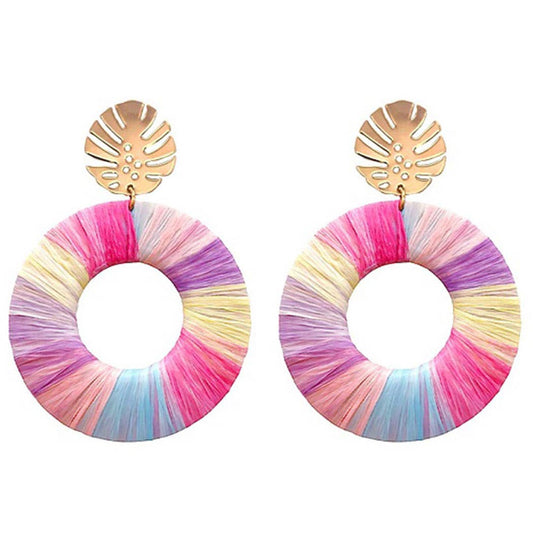 Multicolored Raffia Wrapped Circle Post Earring