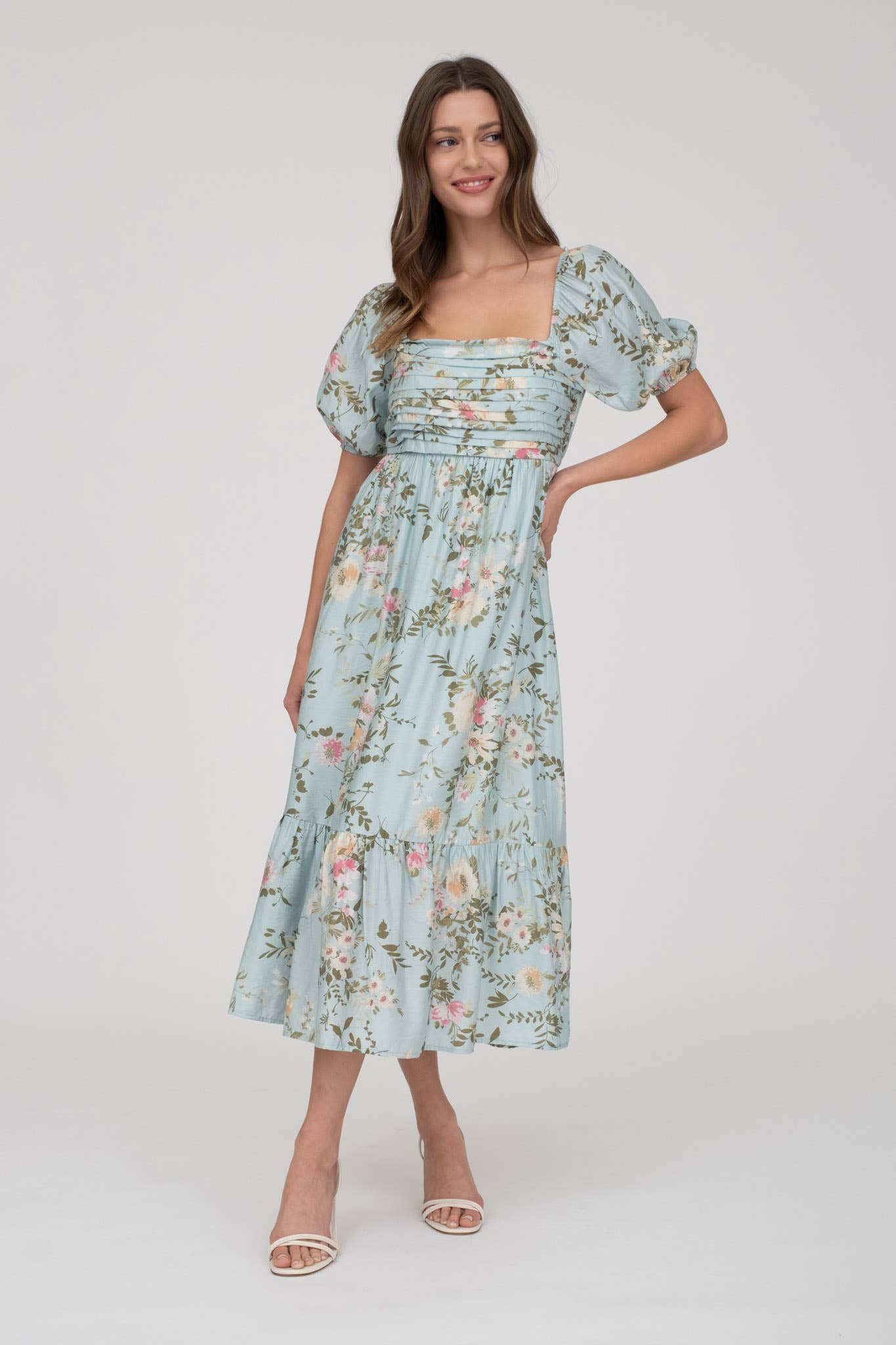 FLORAL BALLOON SLEEVE MIDI DRESS(Multi colors)