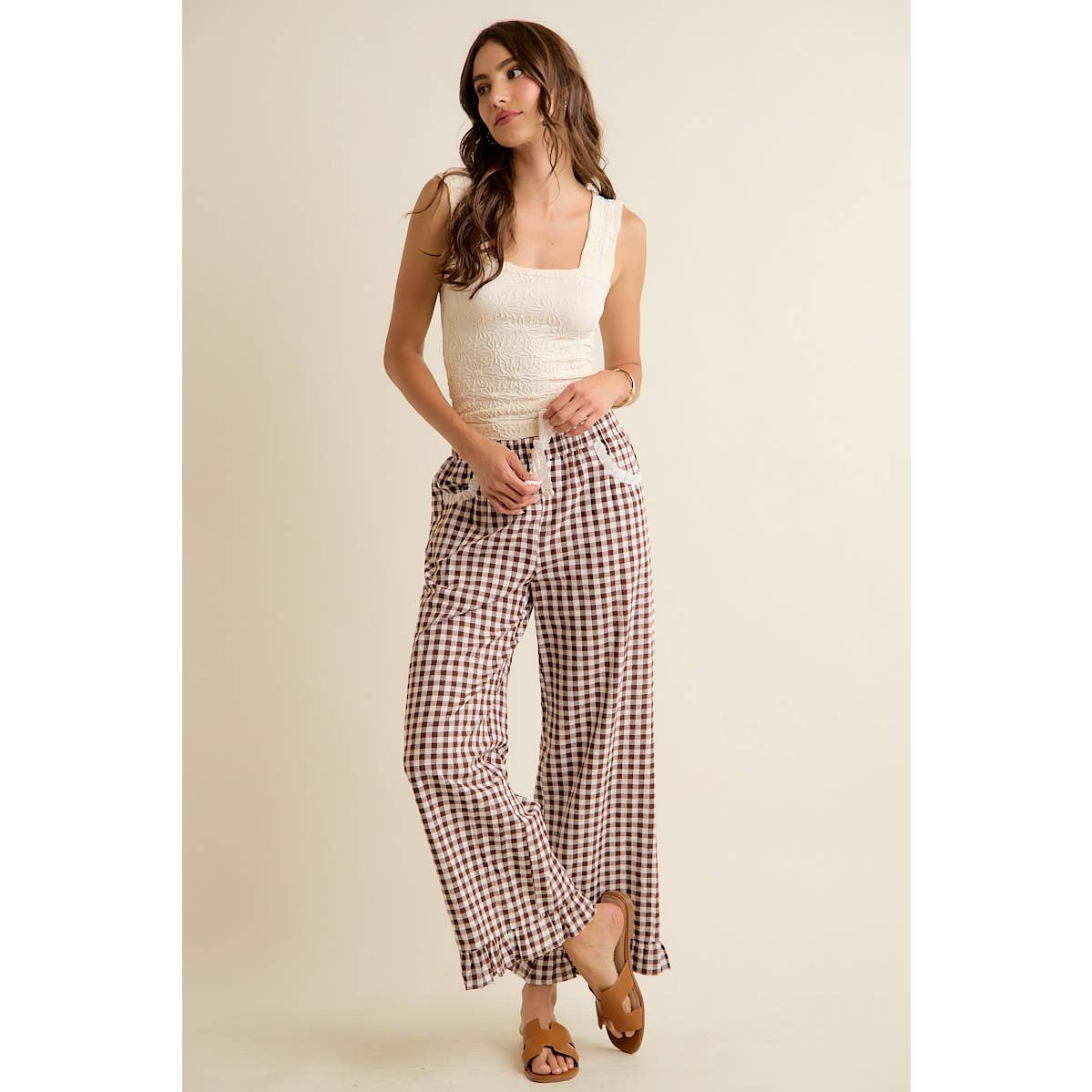 GINGHAM LACE RUFFLED PULL ON PANTS