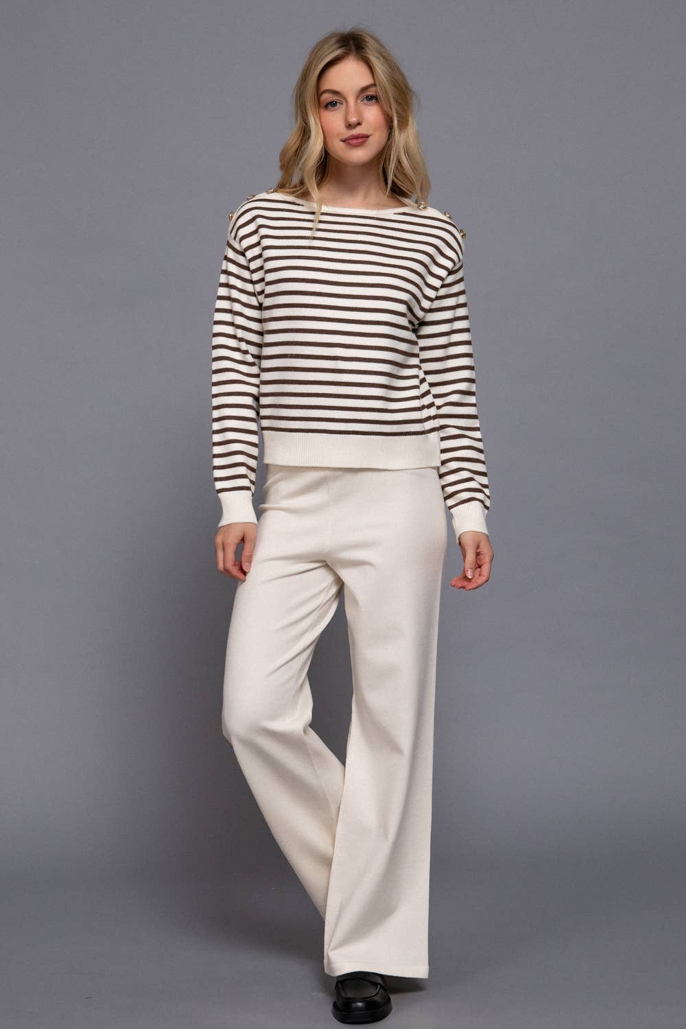 Long Sleeve Buttoned Shoulder Stripe Sweater