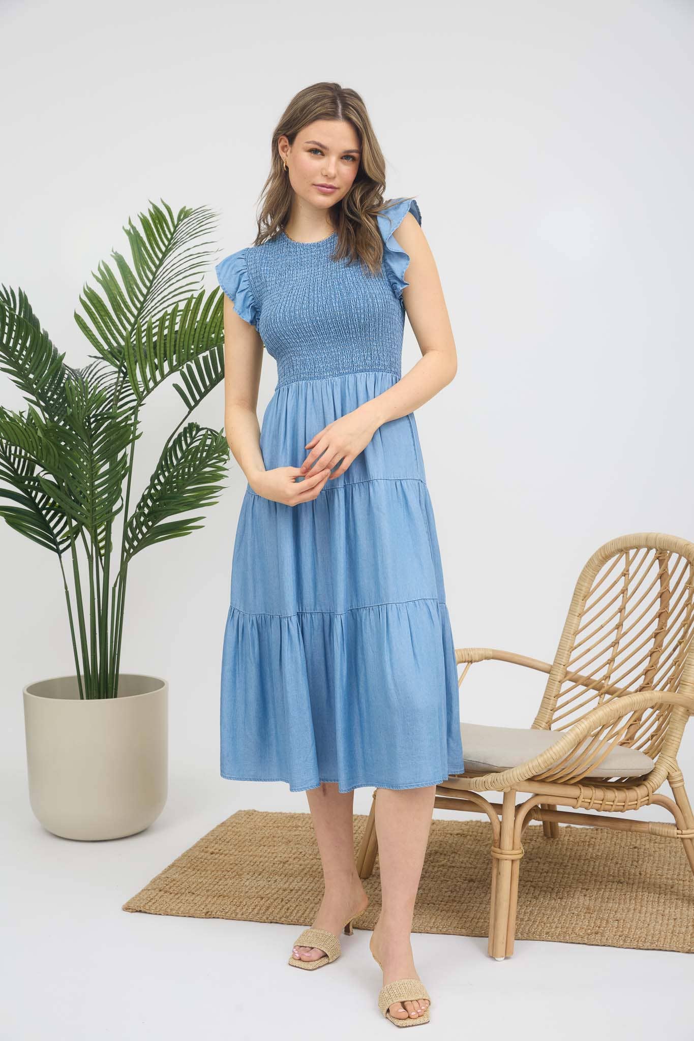 CHAMBRAY SMOCKED RUFFLE SLEEVE TIERED MIDI DRESS