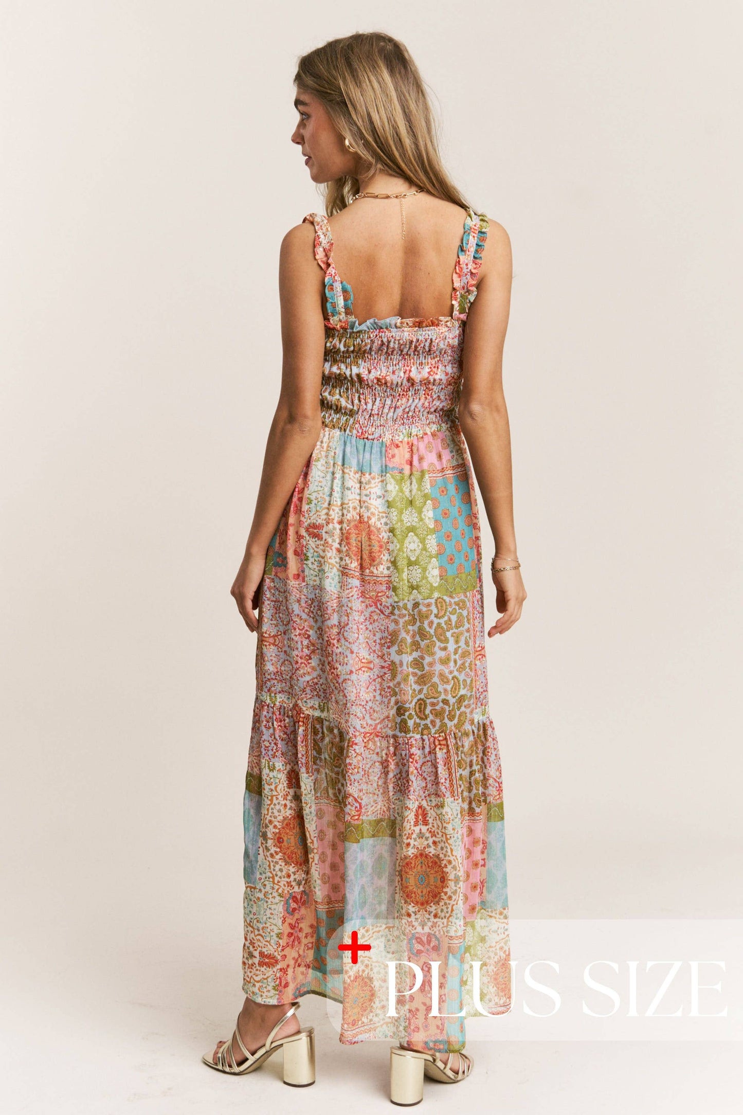 Smocked Top PatchWork Maxi Dress 1X-3X