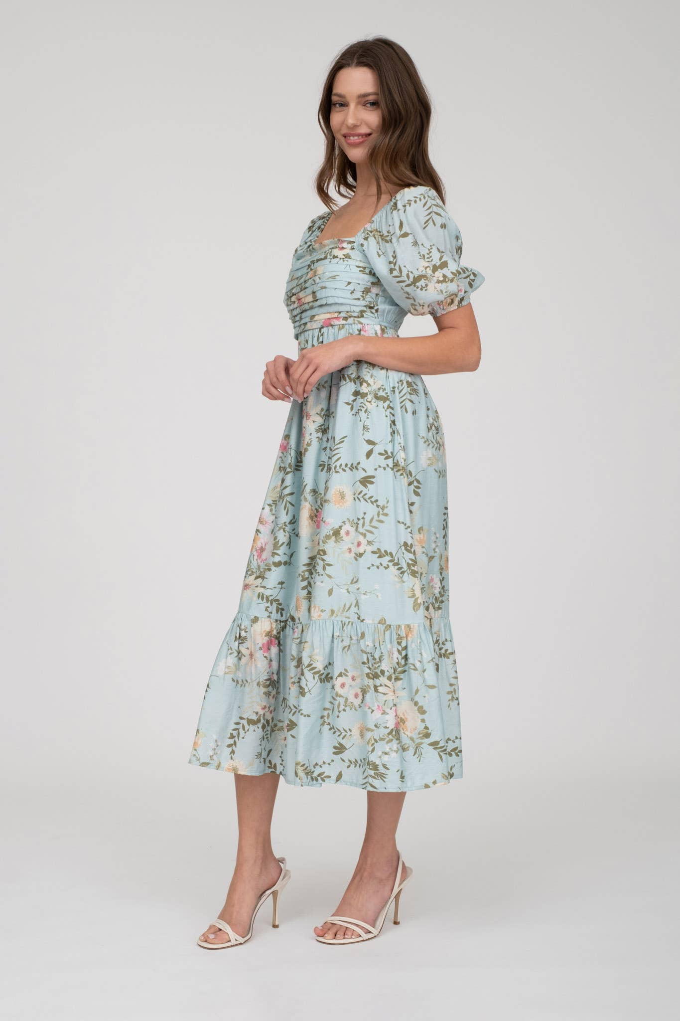 FLORAL BALLOON SLEEVE MIDI DRESS(Multi colors)