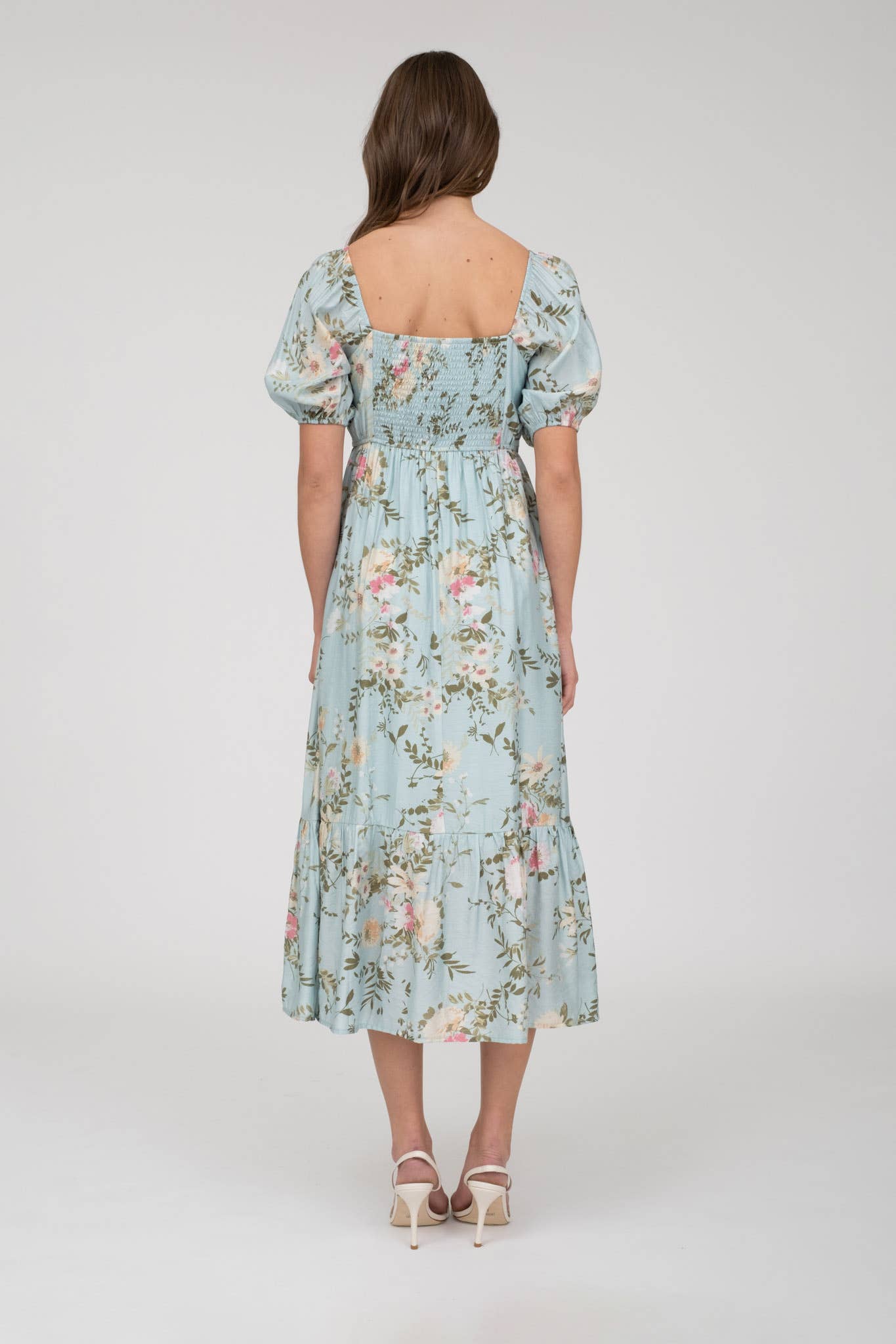 FLORAL BALLOON SLEEVE MIDI DRESS(Multi colors)