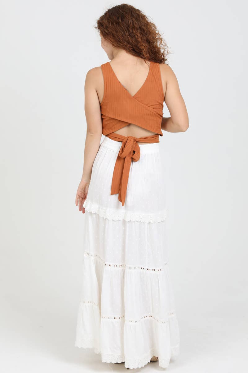 Lace trim maxi skirt with slit (Multiple color options)