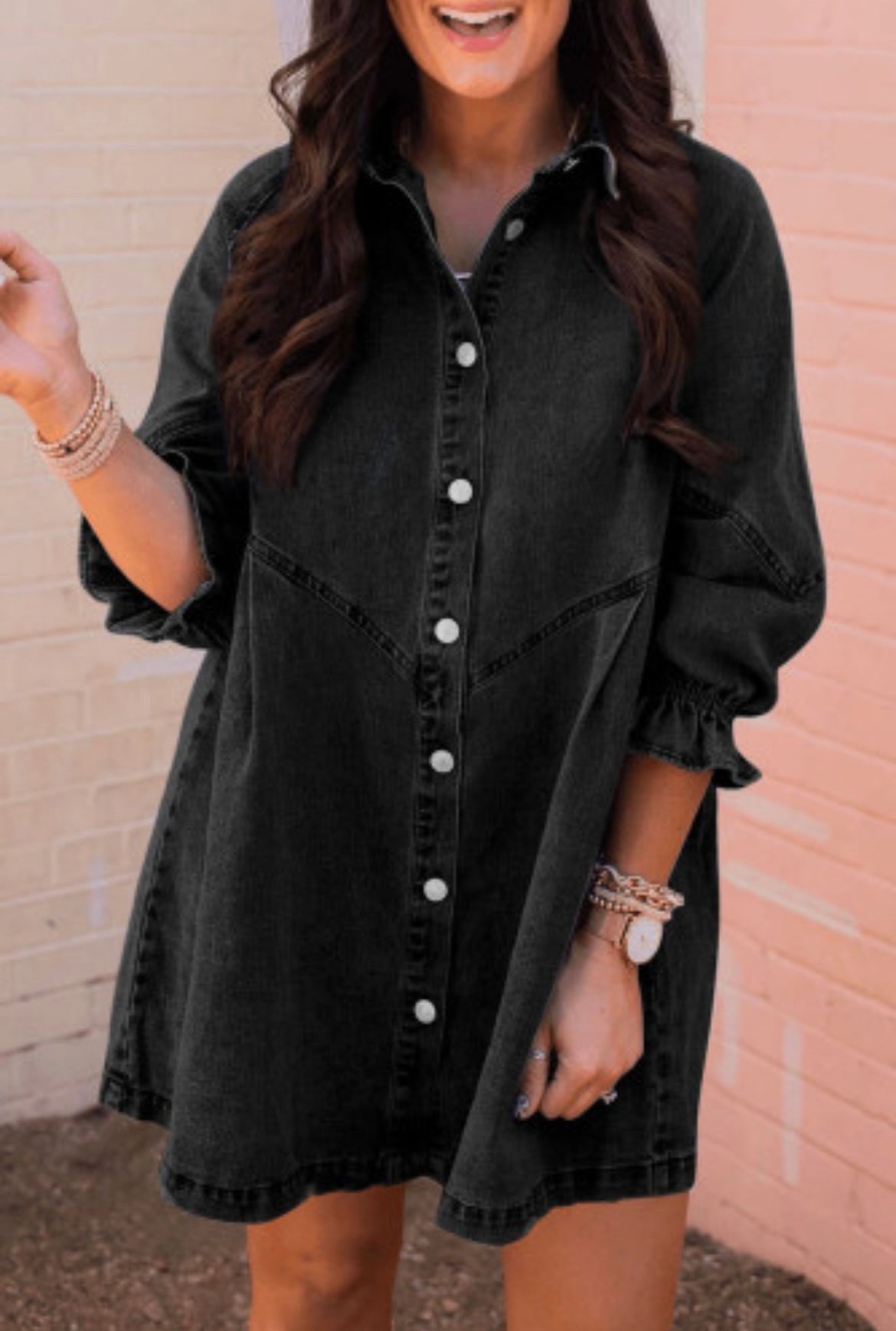 Black Buttoned Long Sleeve Denim Distressed Mini Dress