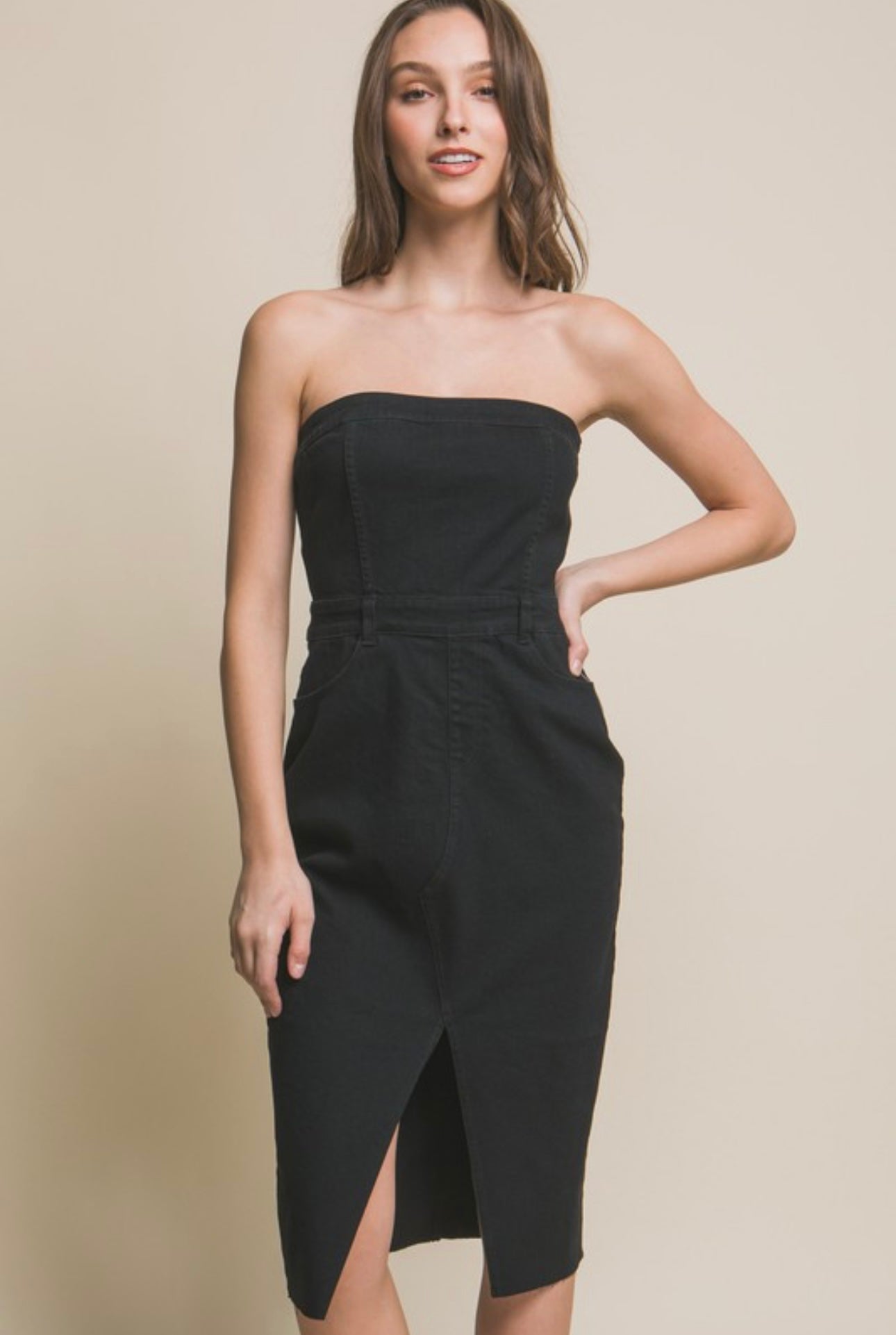 black strapless denim dress Rylie Washed Black Denim Strapless Fringe Mini Dress