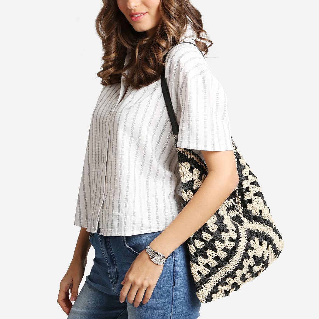 Two-Toned Pattern Design Straw Shoulder Bag