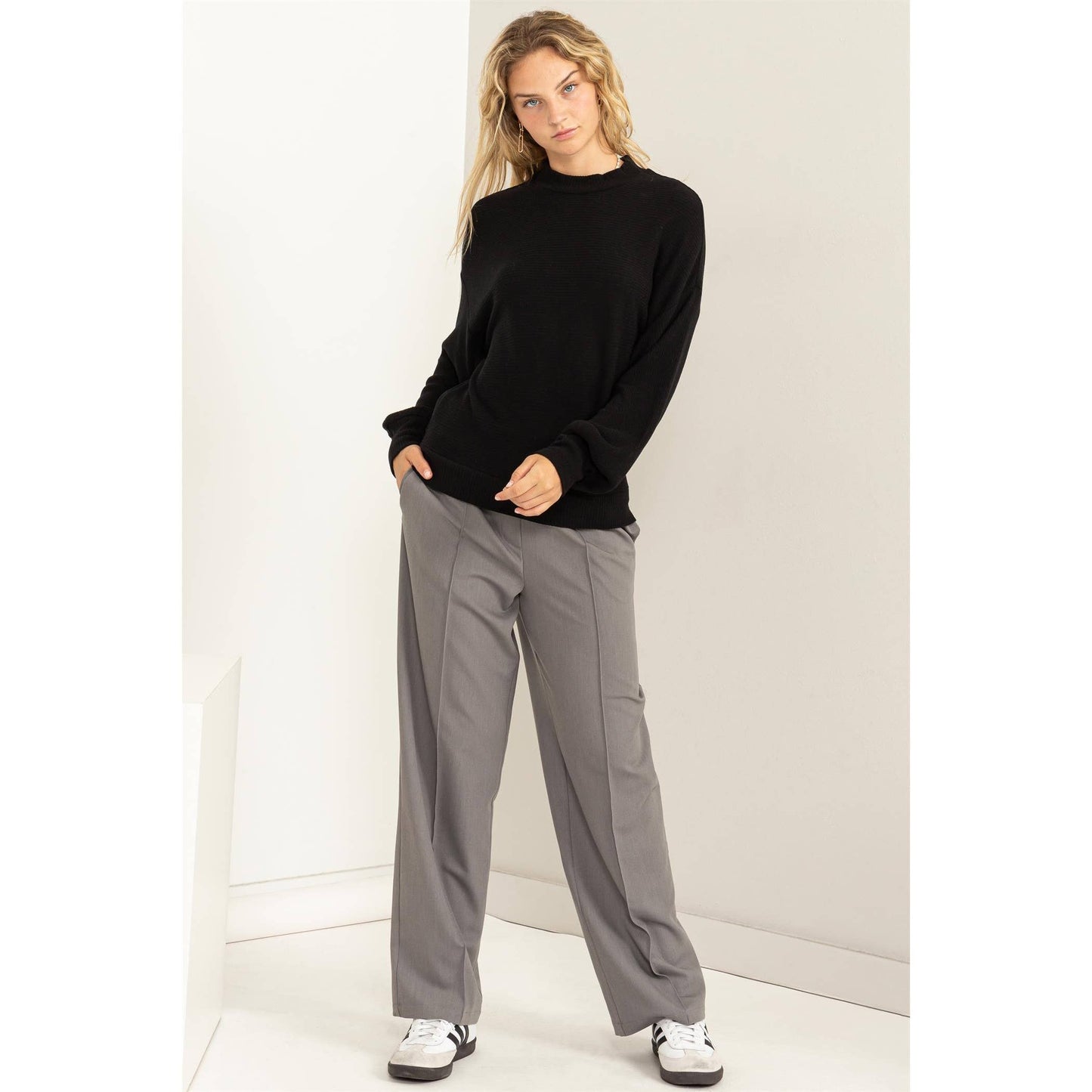 RIBBED BALLOON SLEEVE TOP