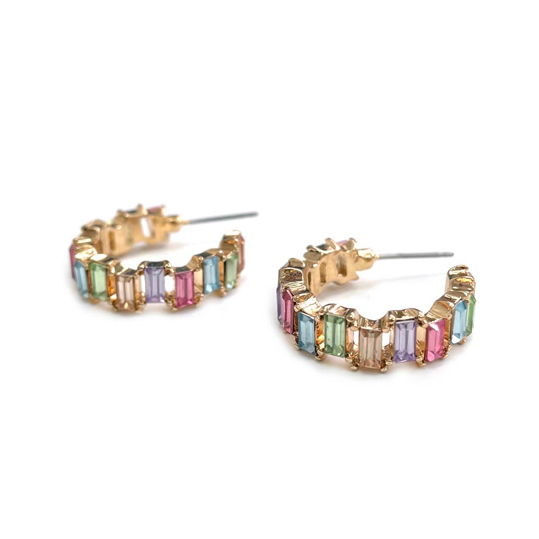 Baguette Resin Stone Beads Linked C Shape Hoop Earrings