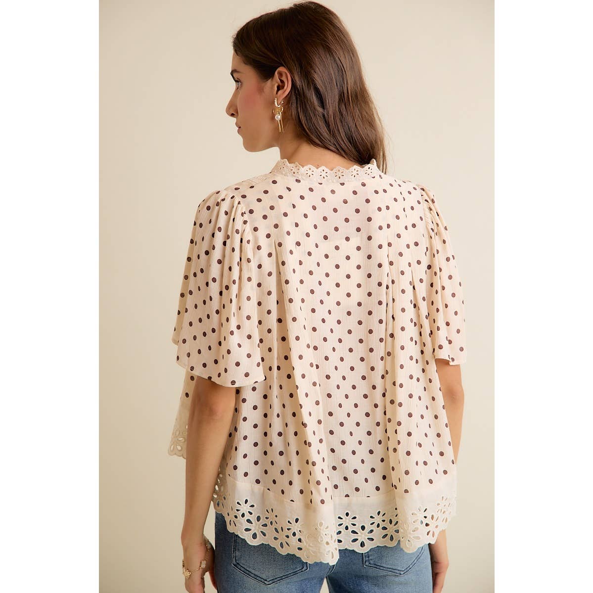 POLKADOT LACE TRIM FLUTTER SLEEVES BLOUSE TOP