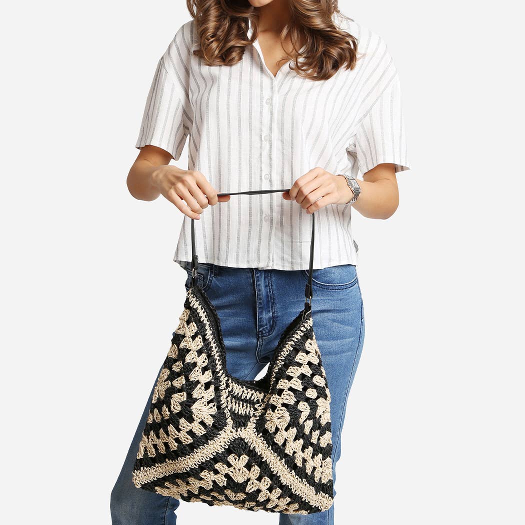 Two-Toned Pattern Design Straw Shoulder Bag