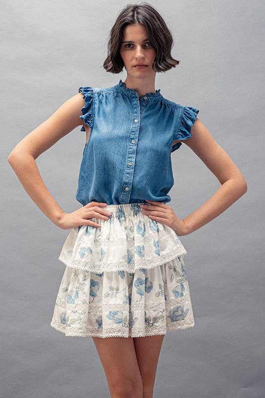 Flutter Sleeve Pearl Button Ruffle Trim Tencel Denim Top
