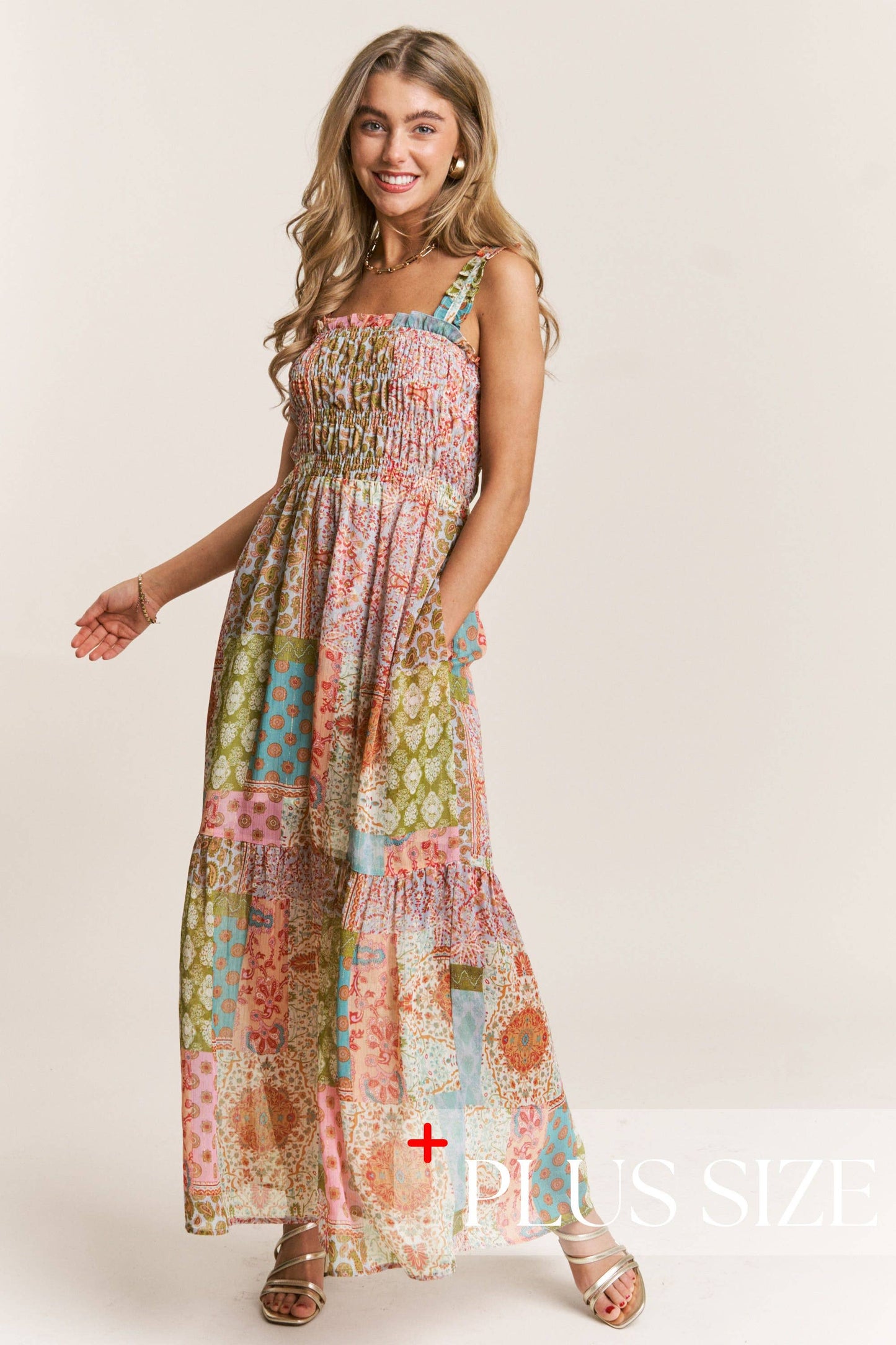 Smocked Top PatchWork Maxi Dress 1X-3X