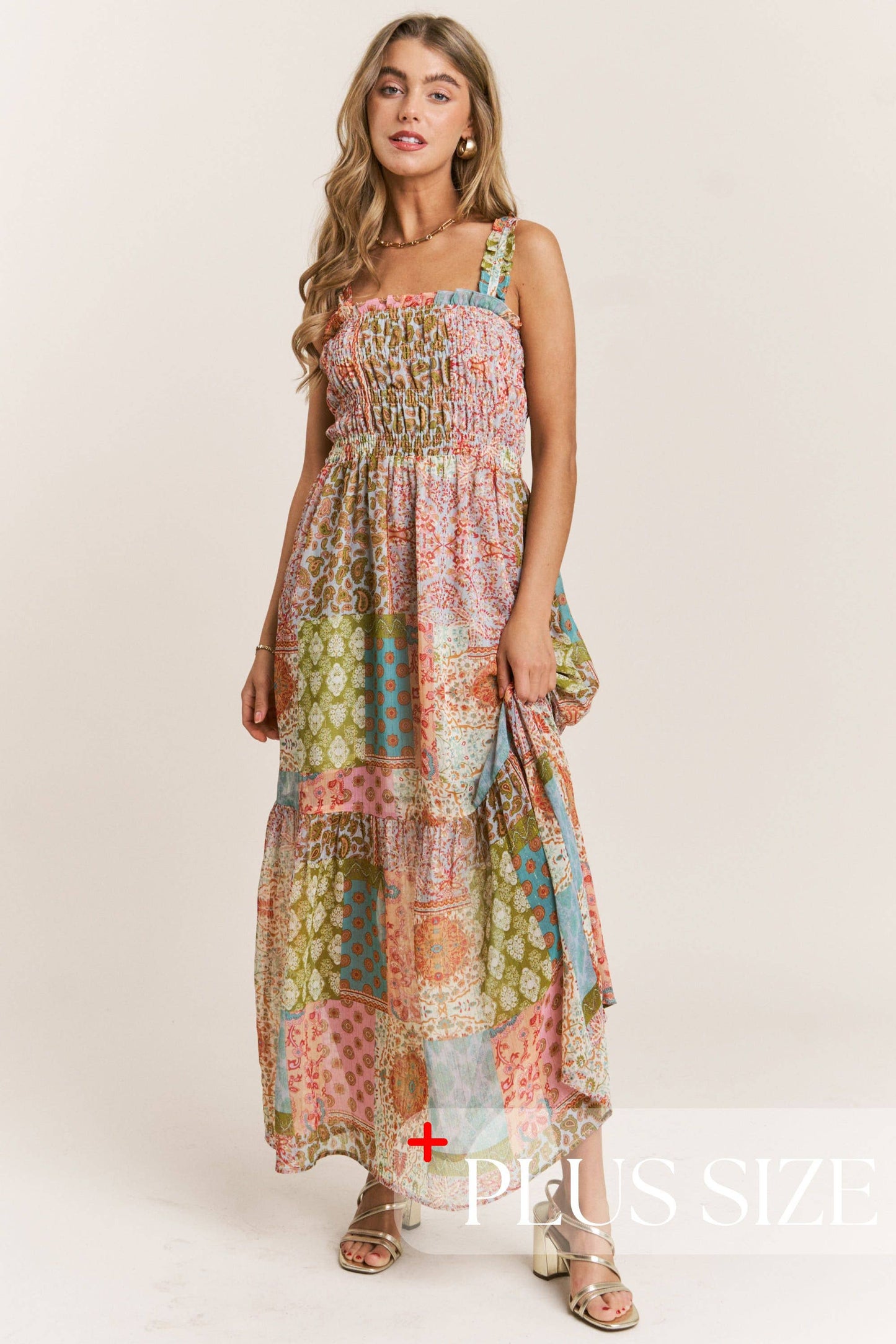 Smocked Top PatchWork Maxi Dress 1X-3X