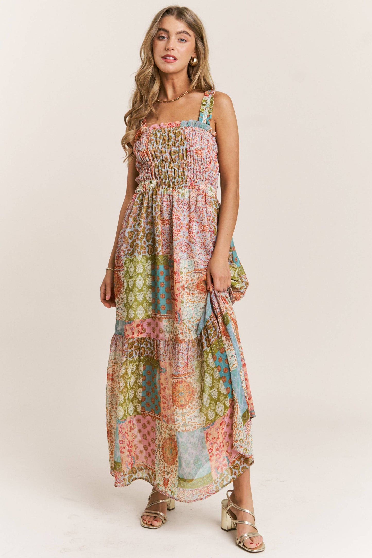 Smocked Top PatchWork Maxi Dress