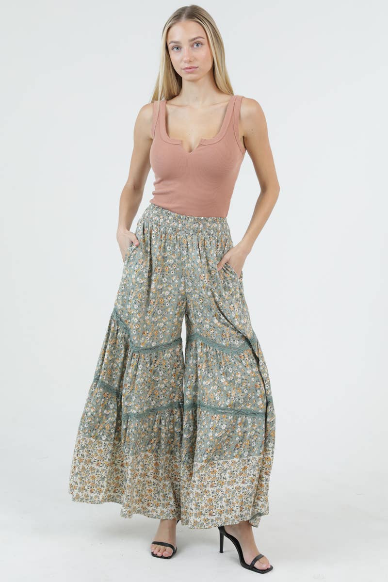 SAGE SMOCKED WAIST FLORAL LACE PRINT PANT