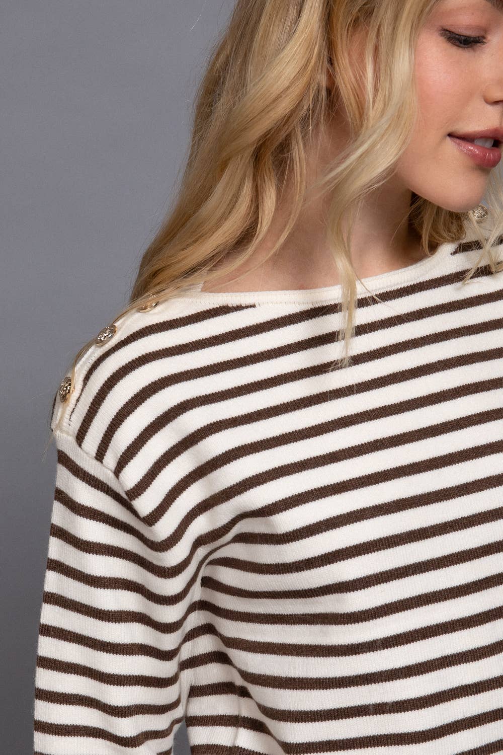 Long Sleeve Buttoned Shoulder Stripe Sweater