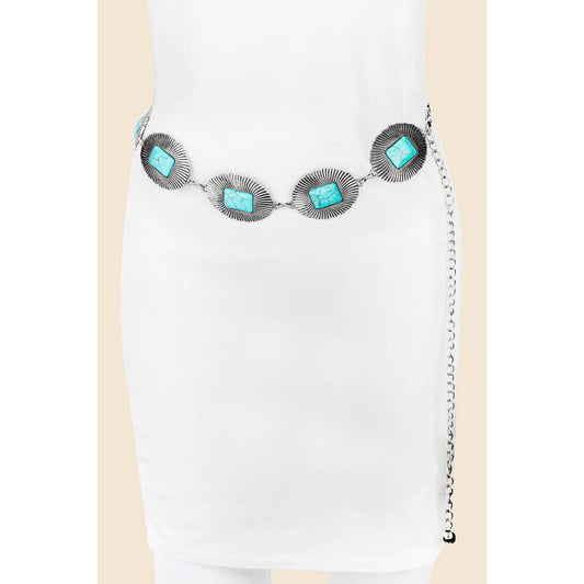 Western Turquoise Concho Oval Disc Chain Belt (Silver)