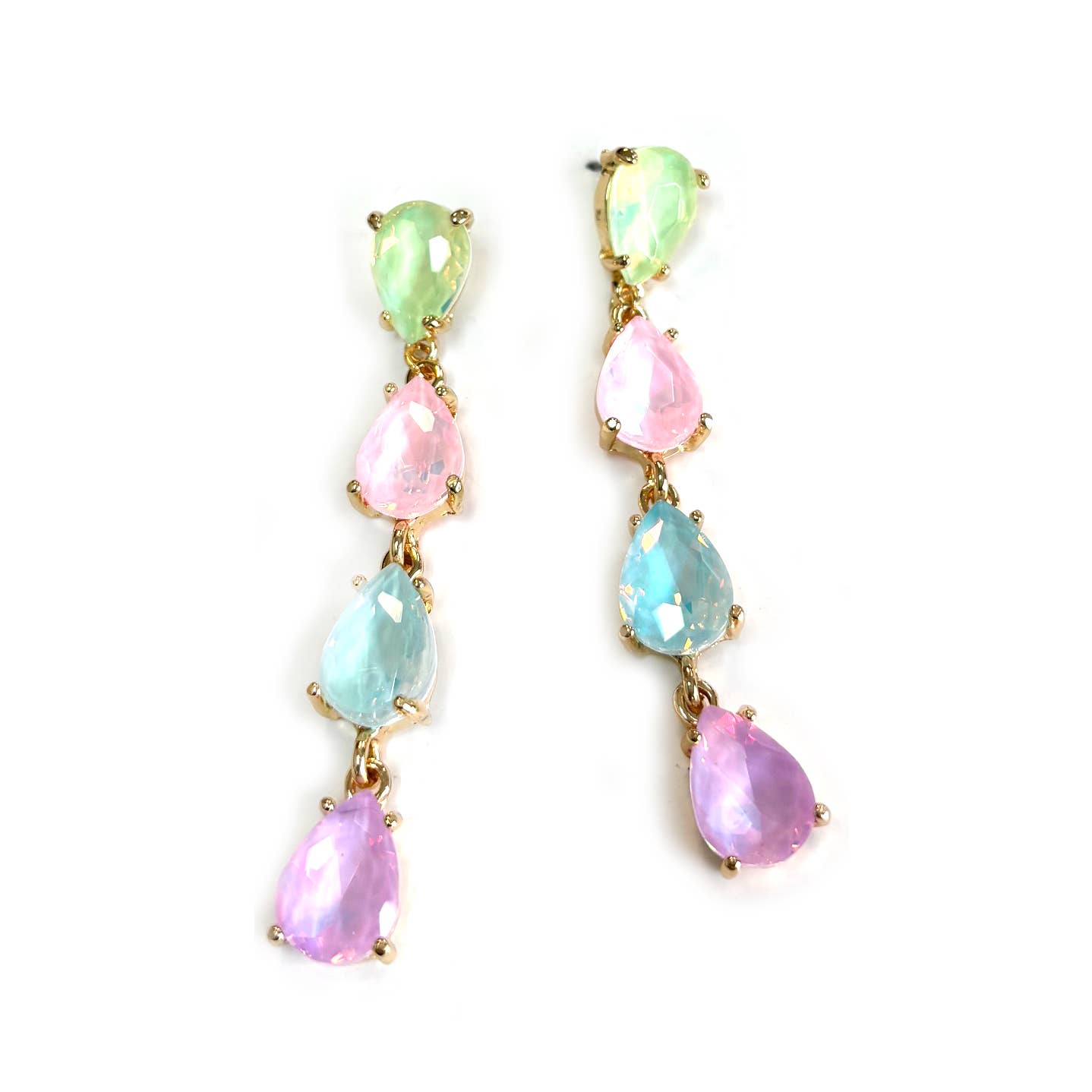 Glass Stone Teardrop 4 Link Iridescent Crystal Earrings