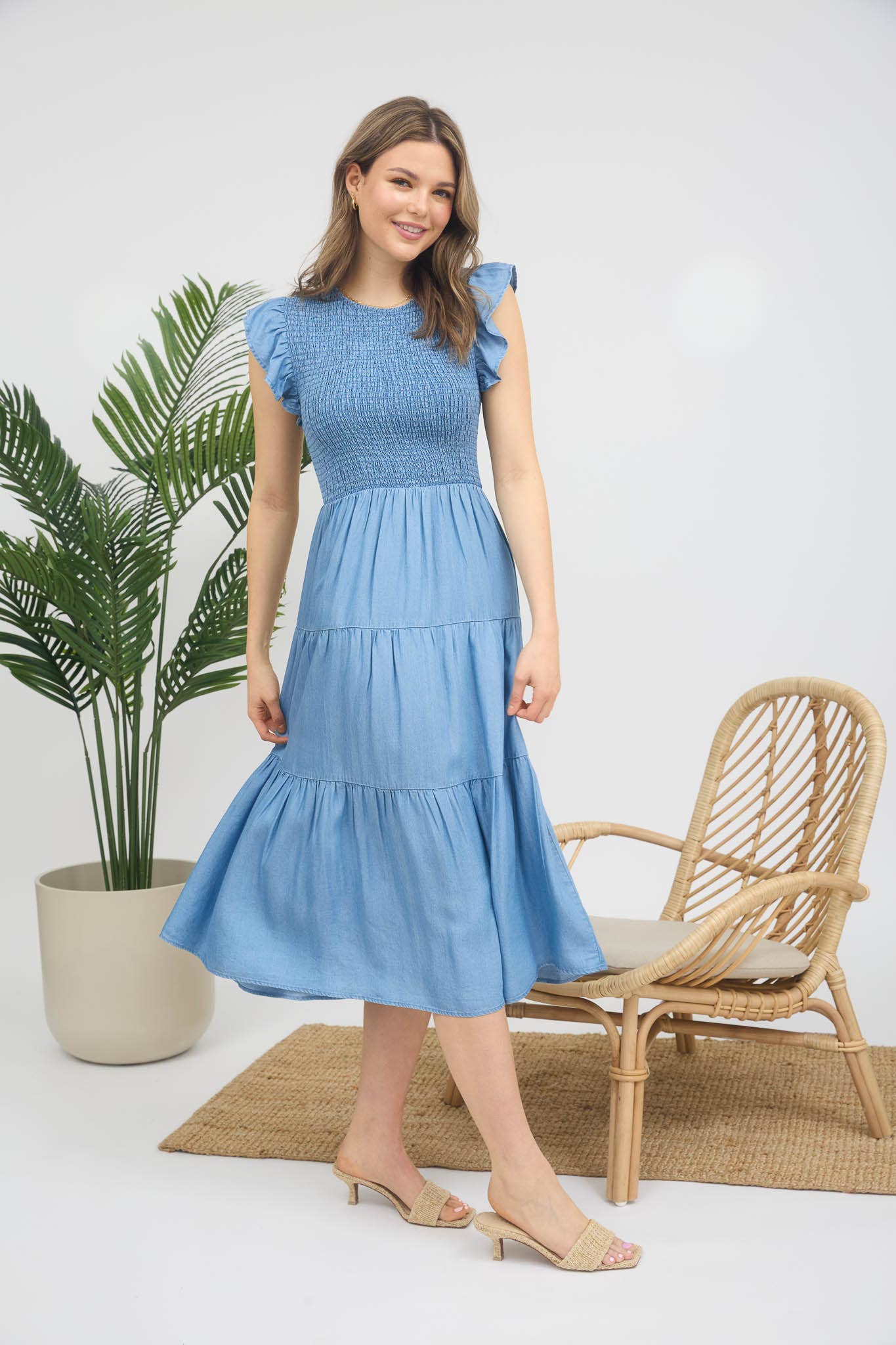 CHAMBRAY SMOCKED RUFFLE SLEEVE TIERED MIDI DRESS