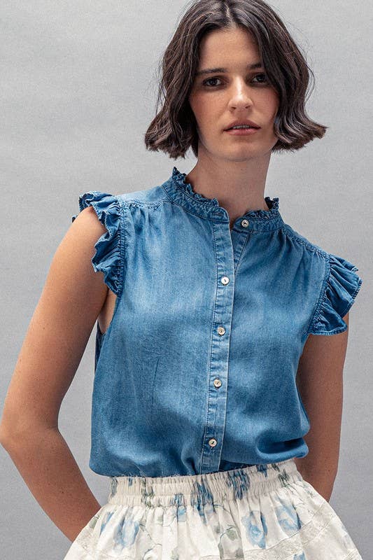 Flutter Sleeve Pearl Button Ruffle Trim Tencel Denim Top