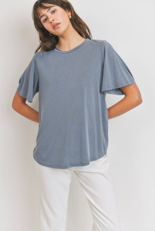 Short Bell Sleeve Round Neck Sand Washed Modal Top