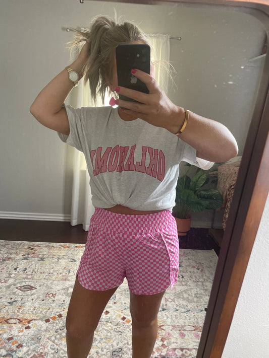 Pink Checked High Waisted Athletic Shorts