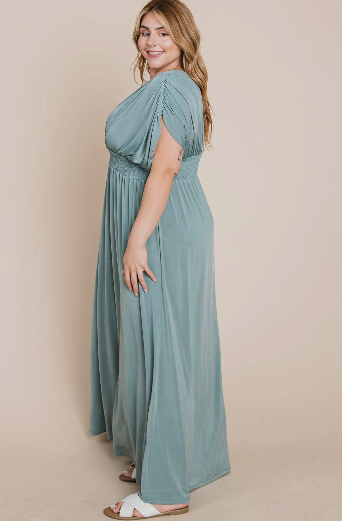 Plus Size Solid Maxi Dress with Ruched Sleeves
