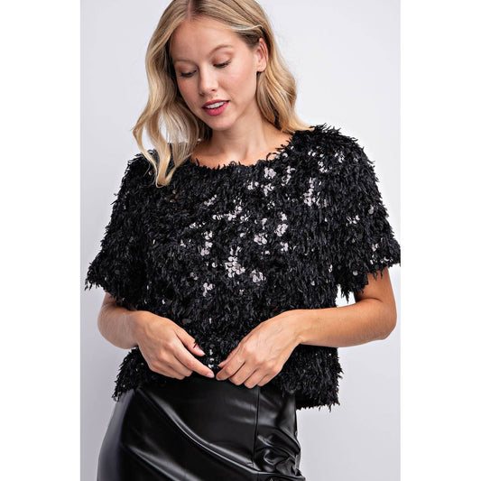 SEQUIN FEATHER BLOUSE TOP-BLACK