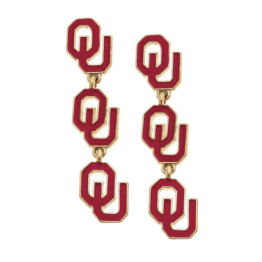 Oklahoma Sooners Triple Drop Enamel Earrings in Crimson
