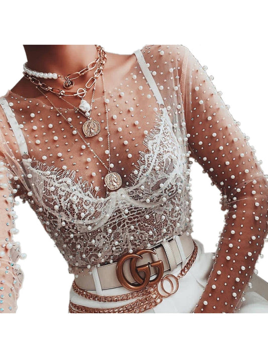 Diamond Bead Inside And Mesh Long Sleeved Top Outside: Naked look