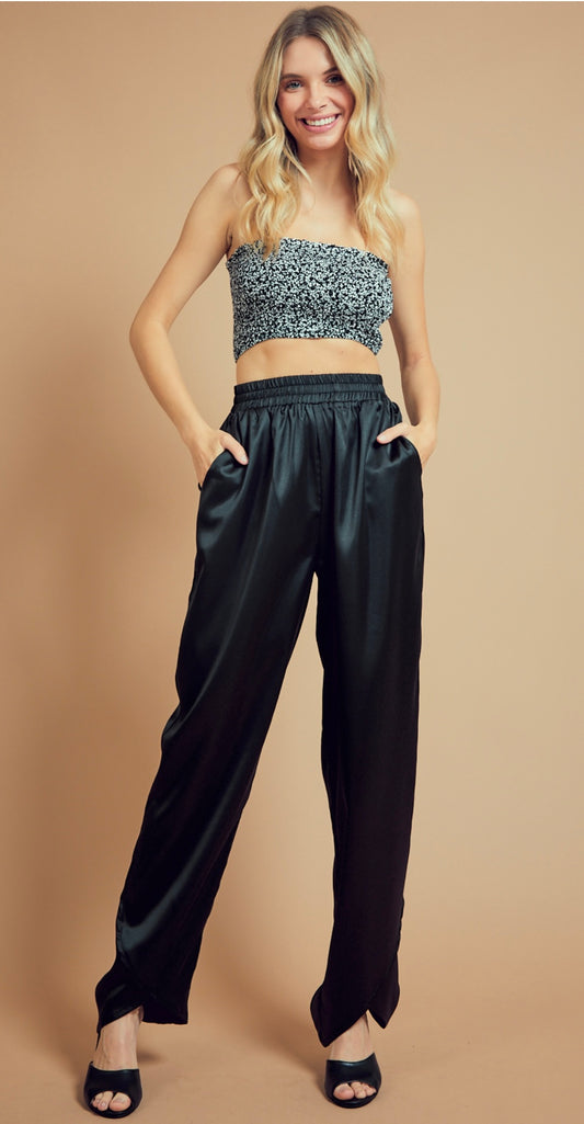 SOLID SILKY SATIN STRAIGHT PANTS