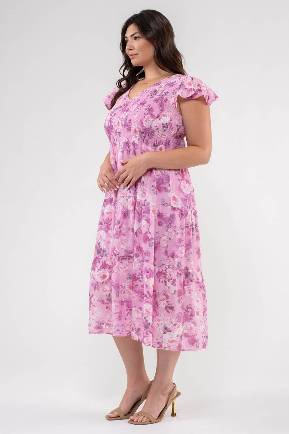 FLORAL FLUTTER SLEEVE MIDI DRESS-PLUS