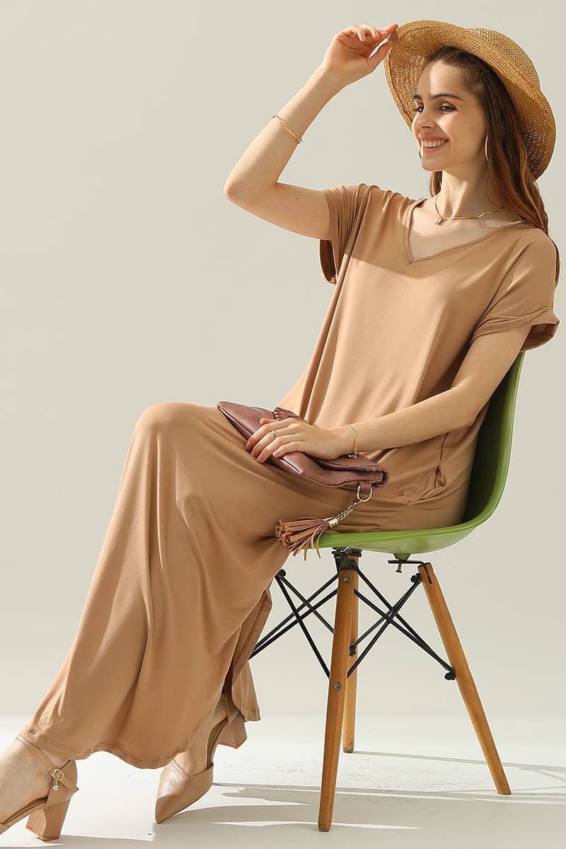 SHORT SLEEVE V-NECK MAXI DRESS WITH SIDE SLIT