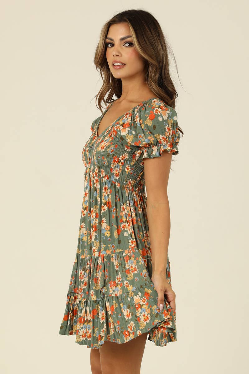 V NECK SMOCKED BODICE SHORT SLEEVE DRESS