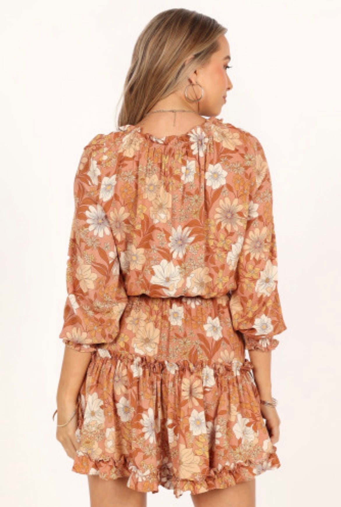 Camel Lace up Split Neck Tunic Floral Dress