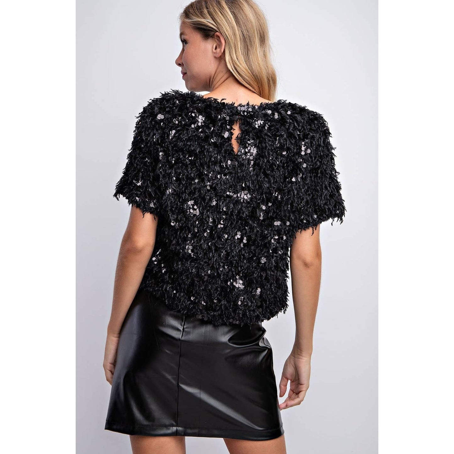 SEQUIN FEATHER BLOUSE TOP-BLACK