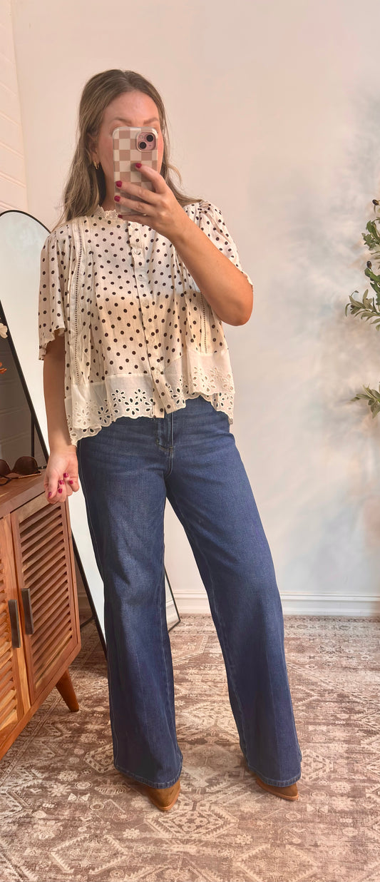 POLKADOT LACE TRIM FLUTTER SLEEVES BLOUSE TOP