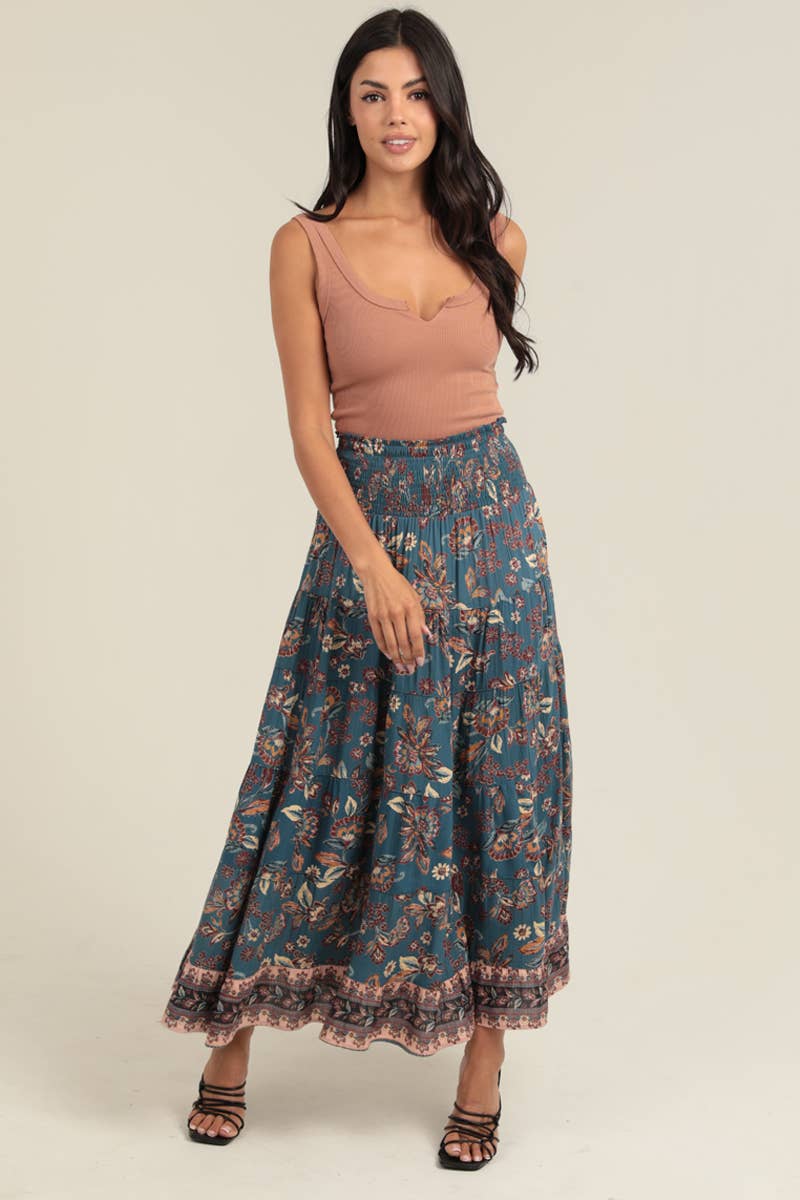 SMOCKED WAISTBAND A LINE MAXI SKIRT WITH SIDE SLI