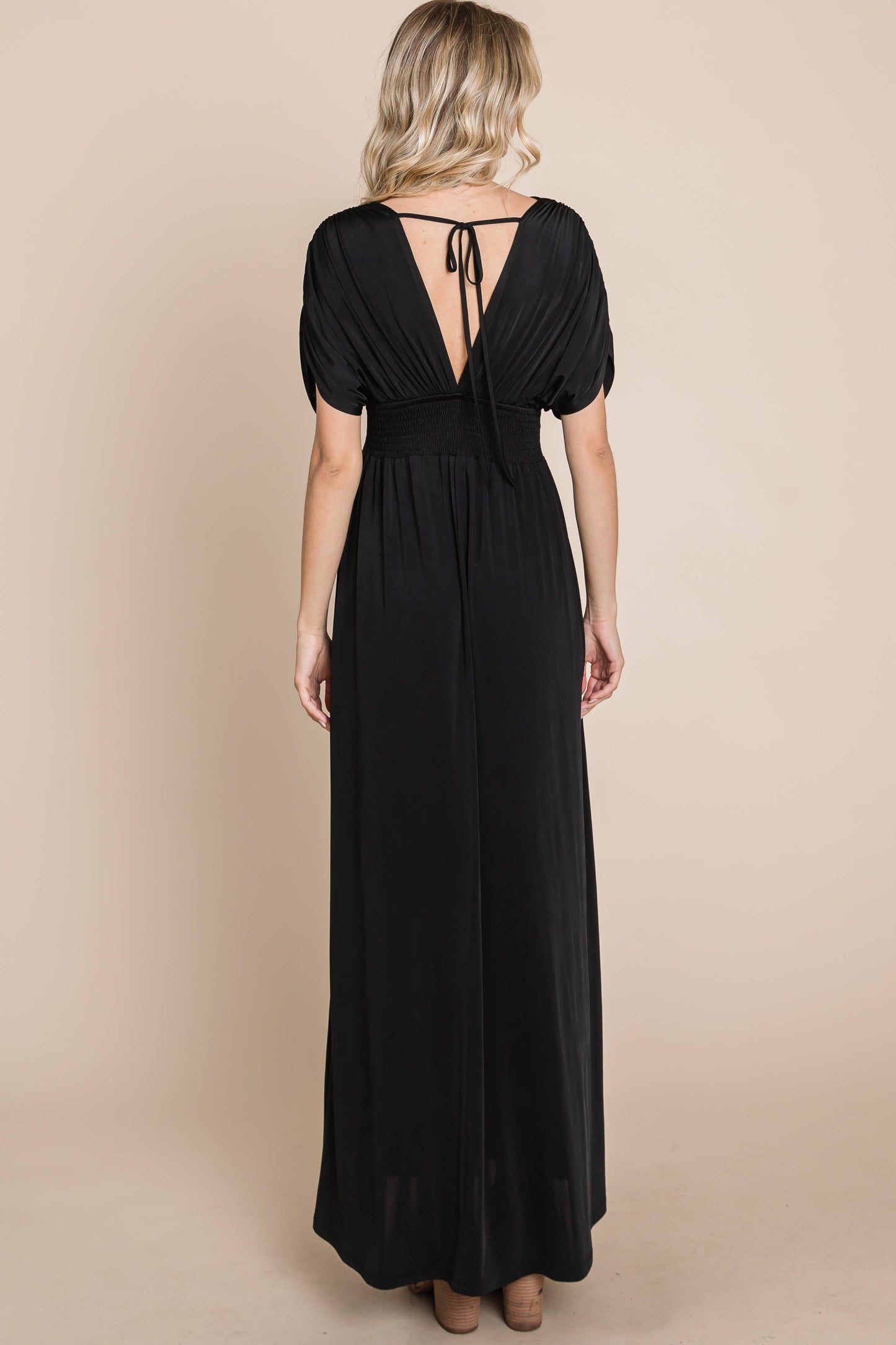 Maxi Dress with Ruched Sleeves-Plus(Black Only)