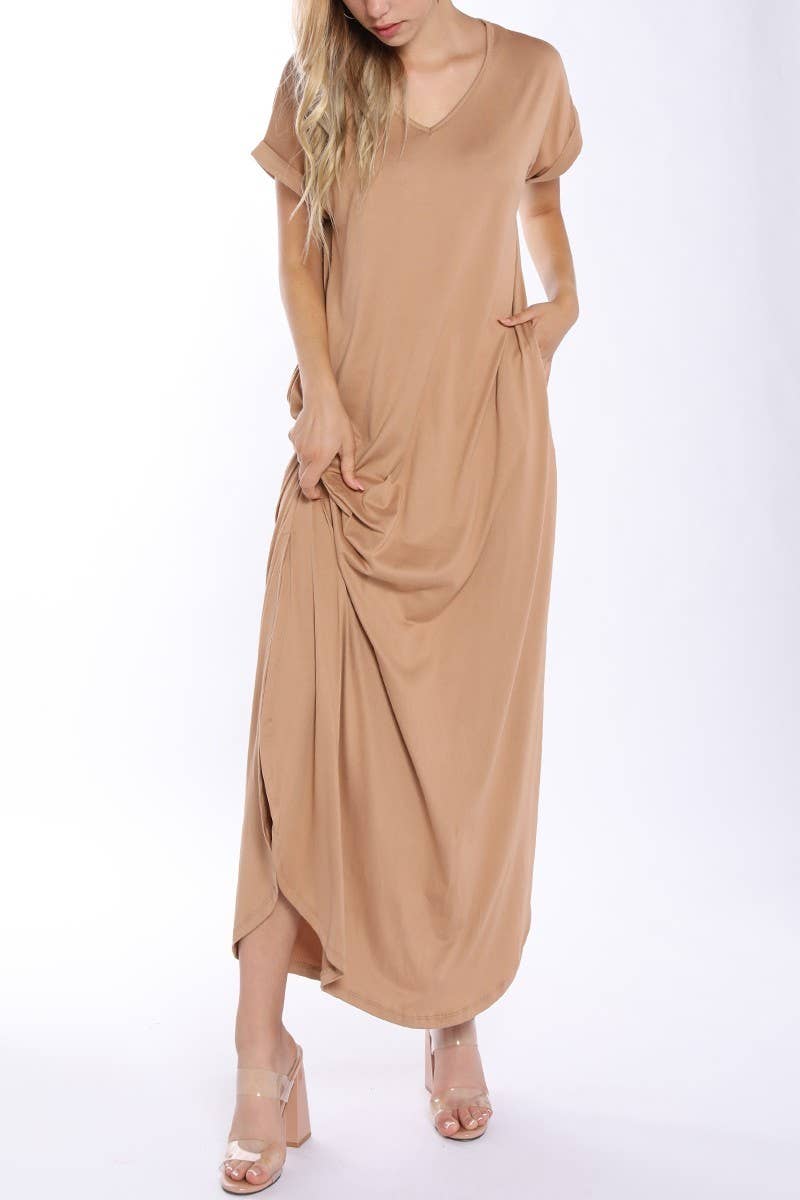 SHORT SLEEVE V-NECK MAXI DRESS WITH SIDE SLIT